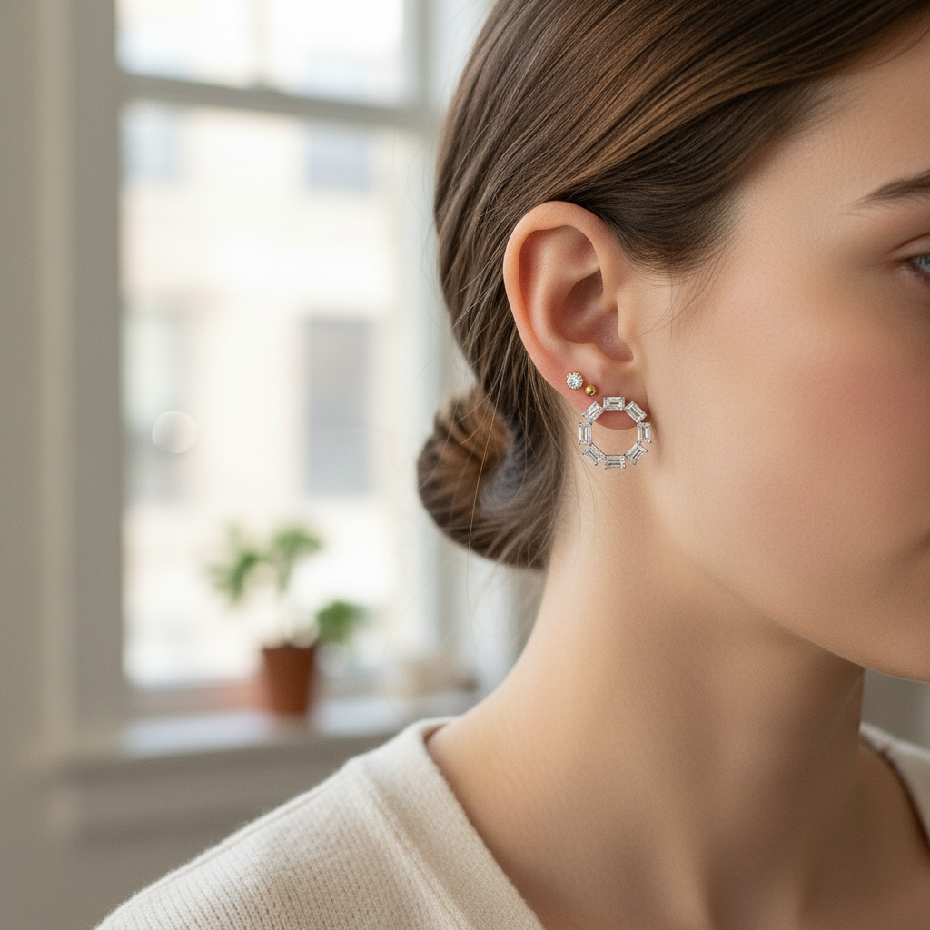 Geometric emerald-cut diamond stud earrings styled with other stud earrings showing ear stacking