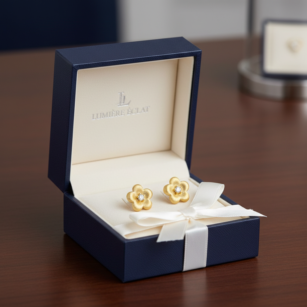 Gold brushed flower stud earrings in luxury gift box - gift-ready presentation