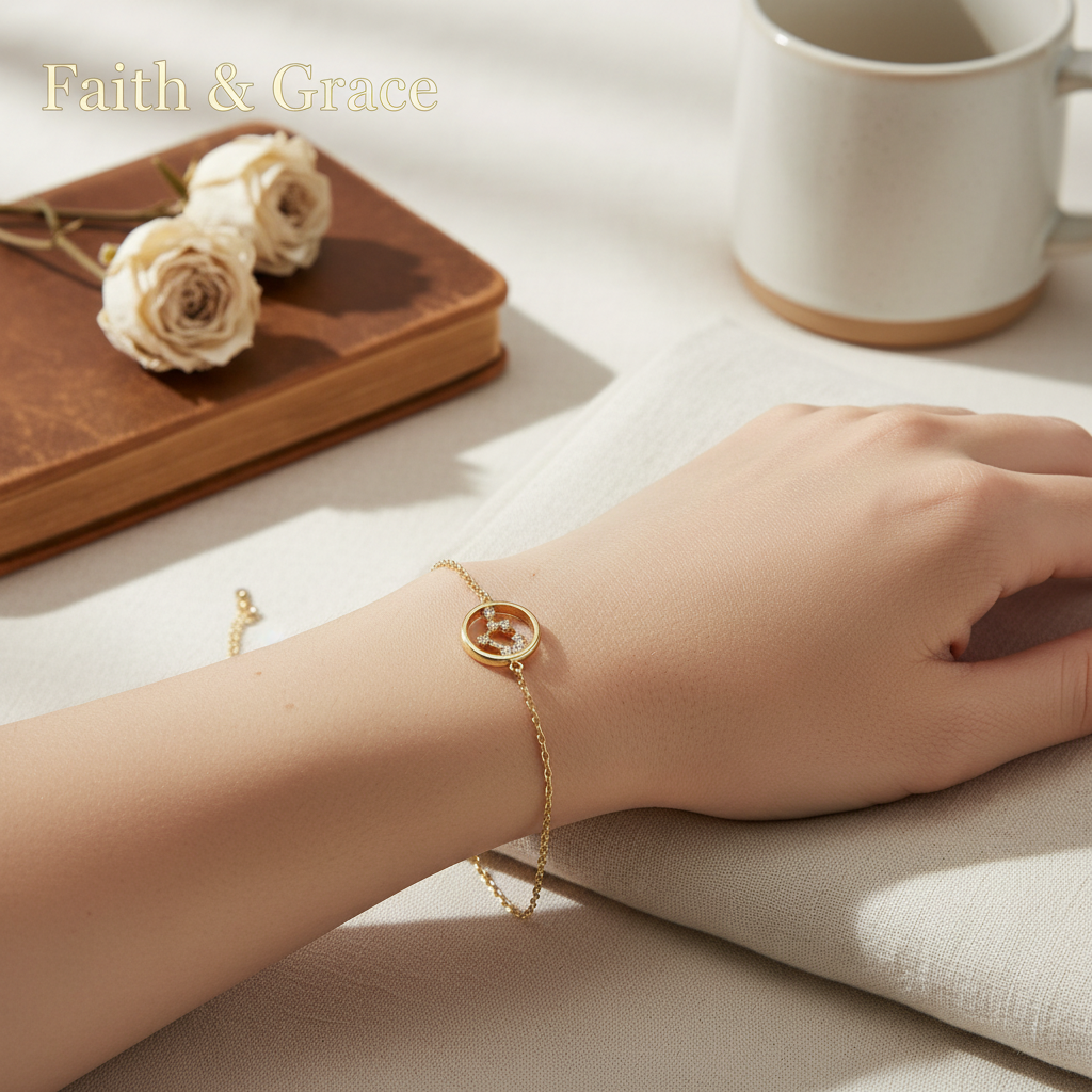 Gold cross bracelet emotional shot