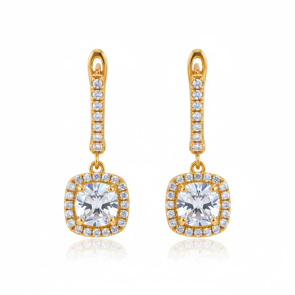 Gold cushion-cut halo drop earrings on white background