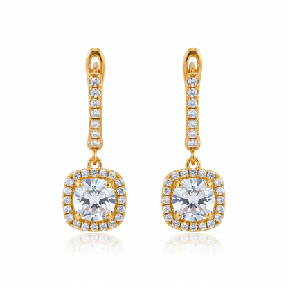 Gold cushion-cut halo drop earrings on white background