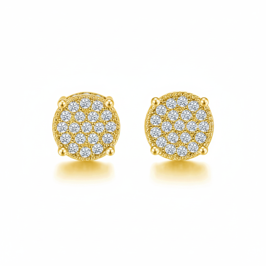 Gold diamond cluster stud earrings on white background
