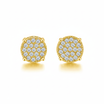 Gold diamond cluster stud earrings on white background