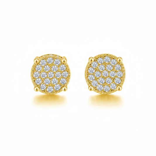 Gold diamond cluster stud earrings on white background