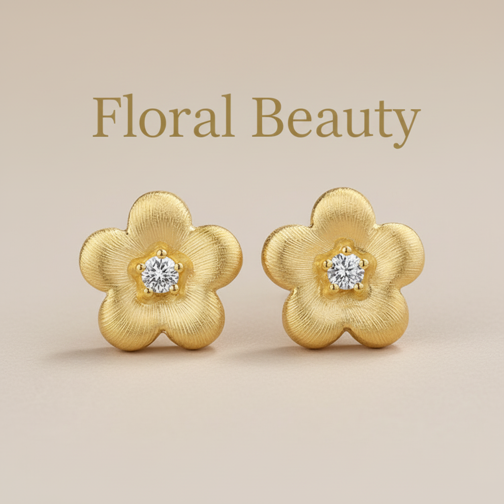 Gold flower earrings with "Floral Beauty" text overlay