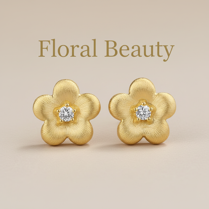 Gold flower earrings with "Floral Beauty" text overlay