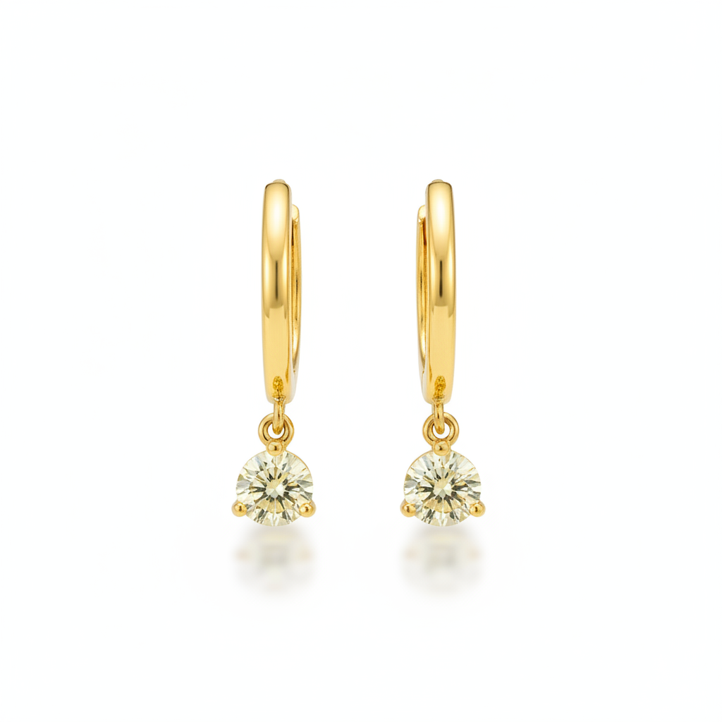 Gold hoop earrings with yellow diamond drop pendants on white background
