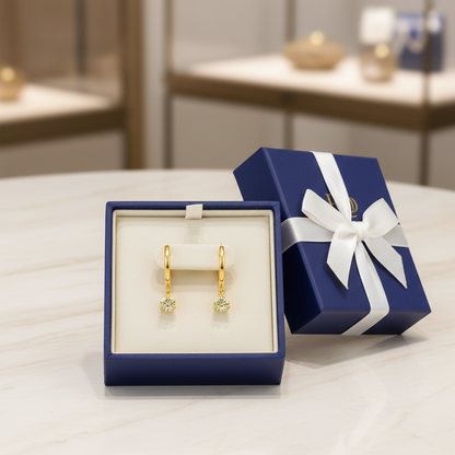 Gold hoop earrings with yellow diamond drops in luxury gift box - gift-ready presentation