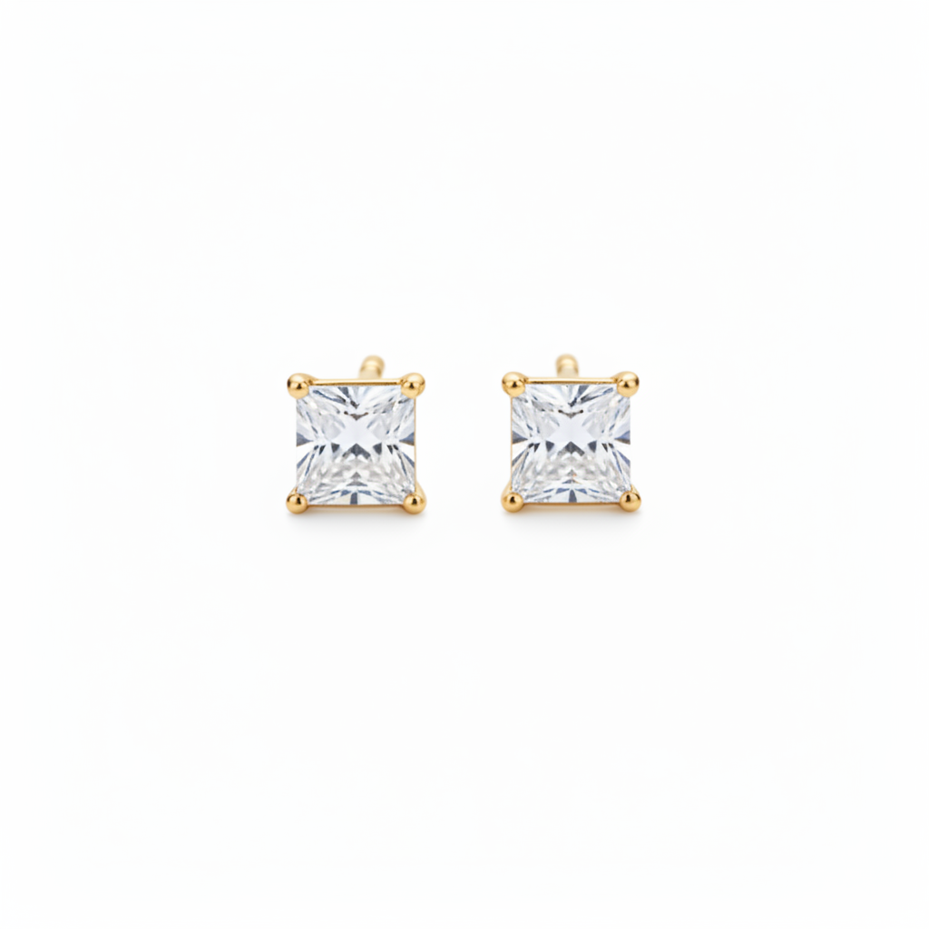 Gold princess-cut diamond stud earrings on white background