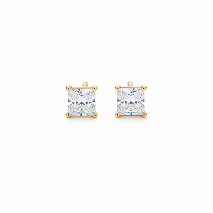 Gold princess-cut diamond stud earrings on white background