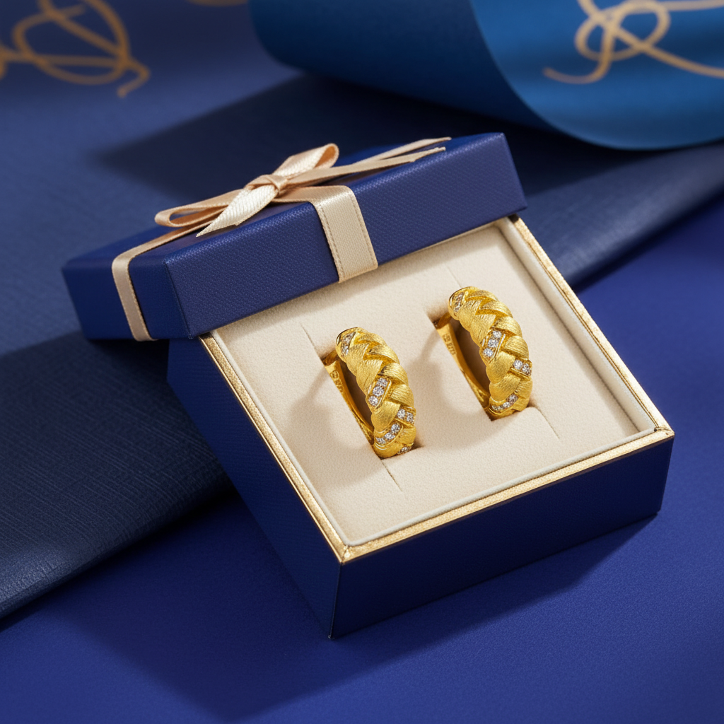 Gold textured hoop earrings in luxury gift box - gift-ready presentation