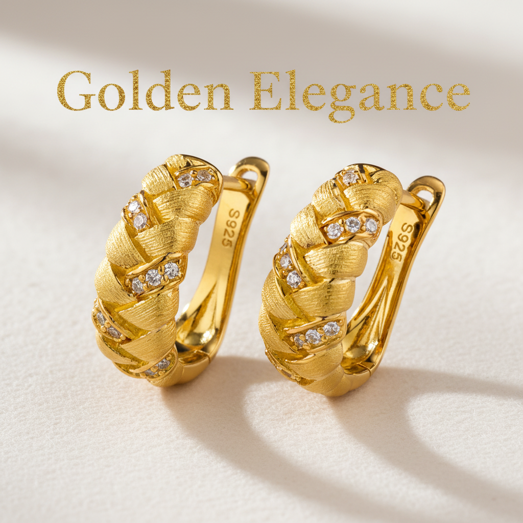 Gold textured hoop earrings with "Golden Elegance" text overlay