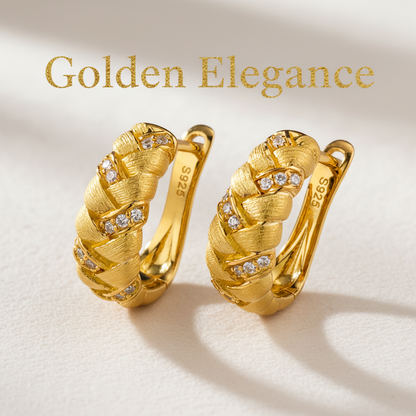 Gold textured hoop earrings with "Golden Elegance" text overlay