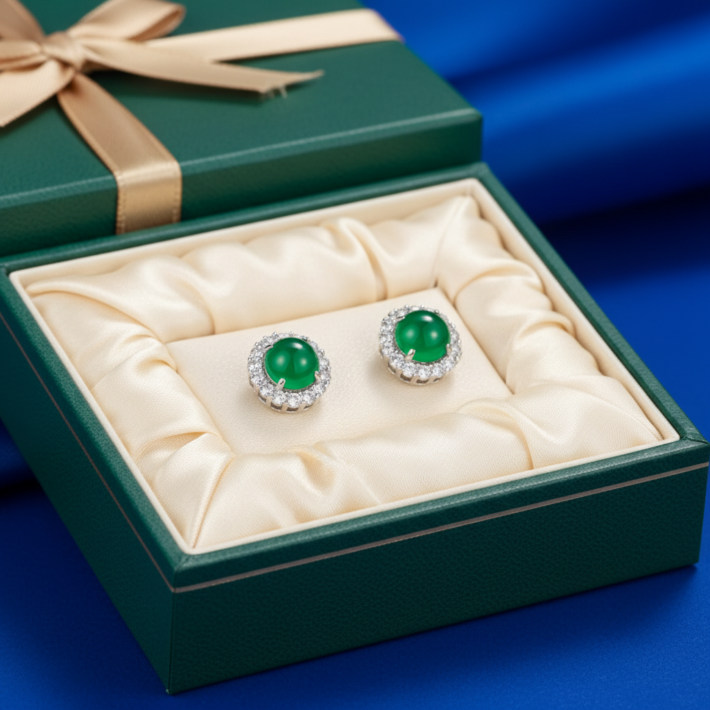 Green jade and diamond halo earrings in luxury gift box - gift-ready presentation