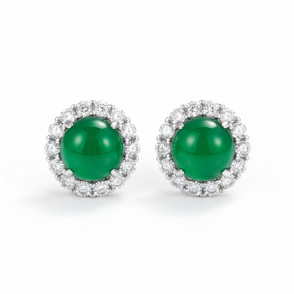 Green jade and diamond halo stud earrings on white background