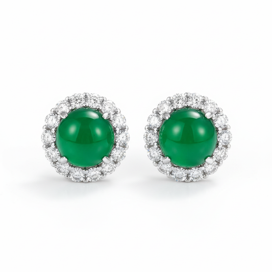 Green jade and diamond halo stud earrings on white background