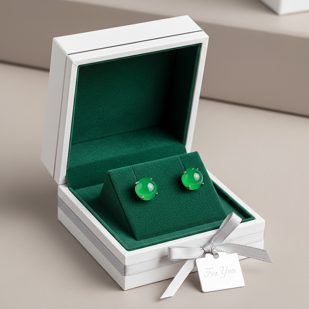 Green jade earrings in luxury gift box - gift-ready presentation