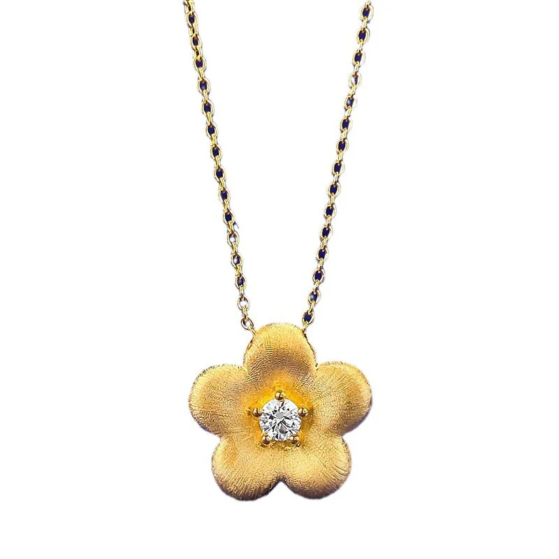 Ricady Jewel S925 Silver Brushed Golden Flower Necklace, Neo-Chinese Style