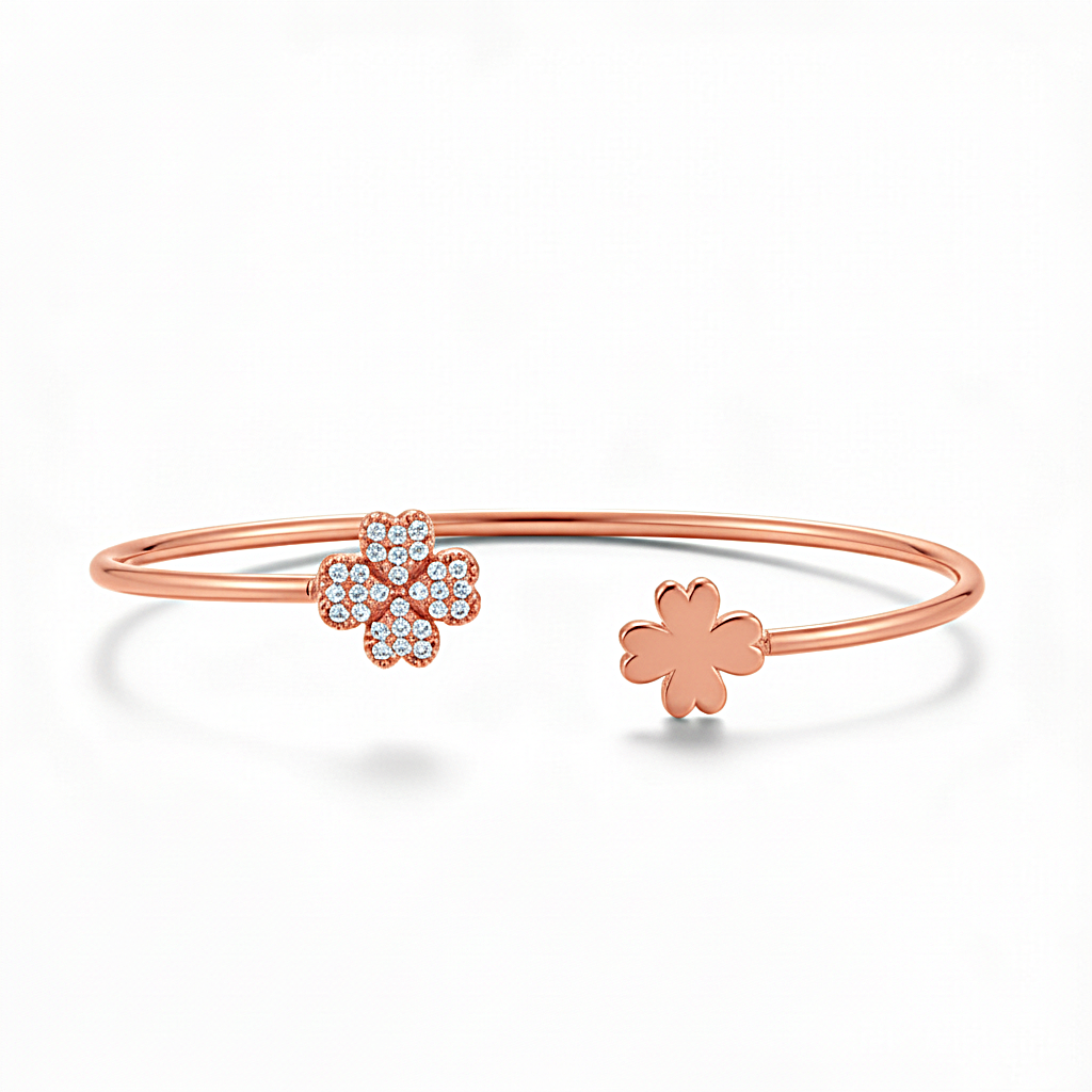 Clover Charm Cuff Bracelet in Gold Plated Sterling Silver for Women
