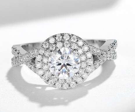 Halo Moissanite Ring with Twisted Infinity Band in White Gold Plated Silver