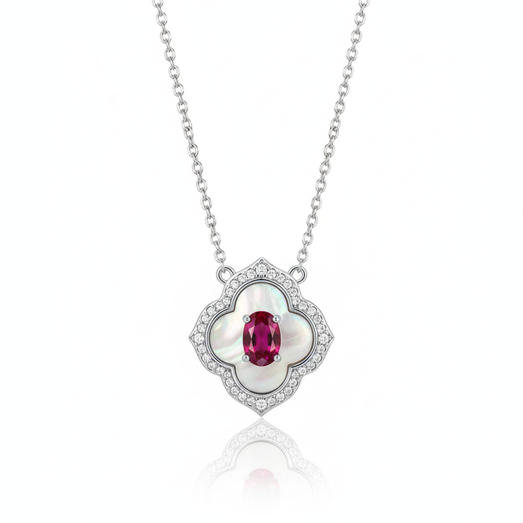 Sterling Silver Clover Pendant Necklace with Ruby and Mother-of-Pearl