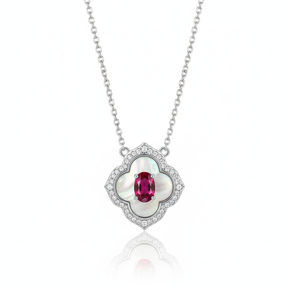 Sterling Silver Clover Pendant Necklace with Ruby and Mother-of-Pearl