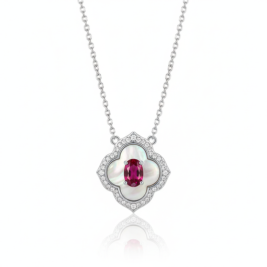 Sterling Silver Clover Pendant Necklace with Ruby and Mother-of-Pearl