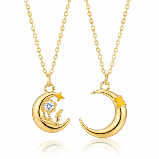 Moon & Star Tulip Pendant Couple Necklace Set - 925 Sterling Silver