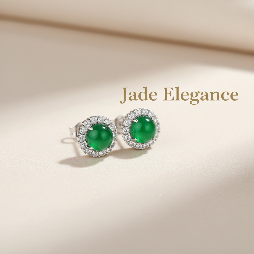 Jade earrings with "Jade Elegance" text overlay