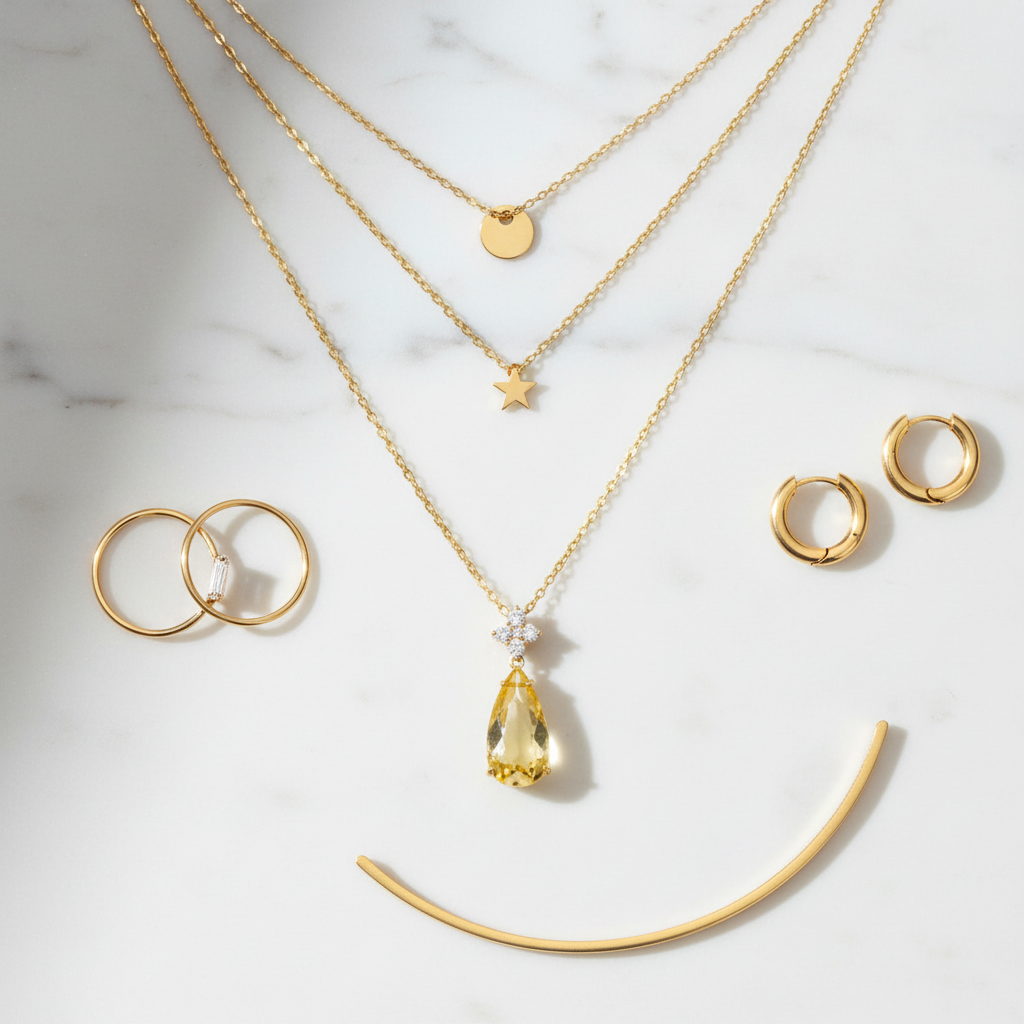 Layered jewelry flat lay