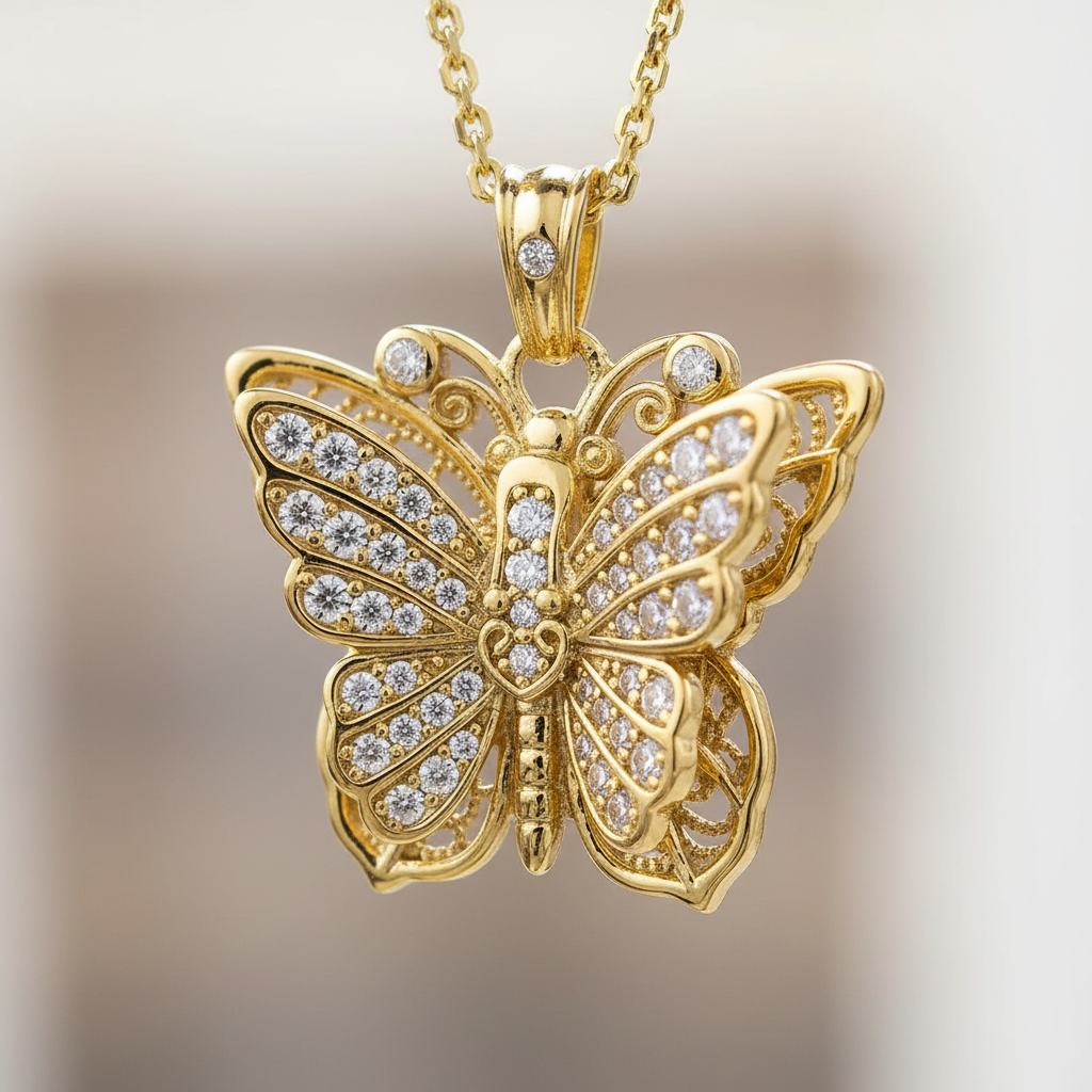Macro detail of butterfly pendant