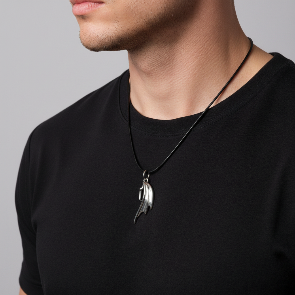 Man wearing angel wing necklace