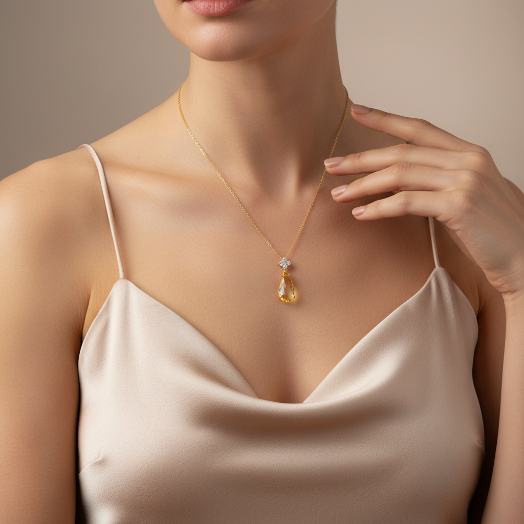 Model in silk blouse with hand gesture