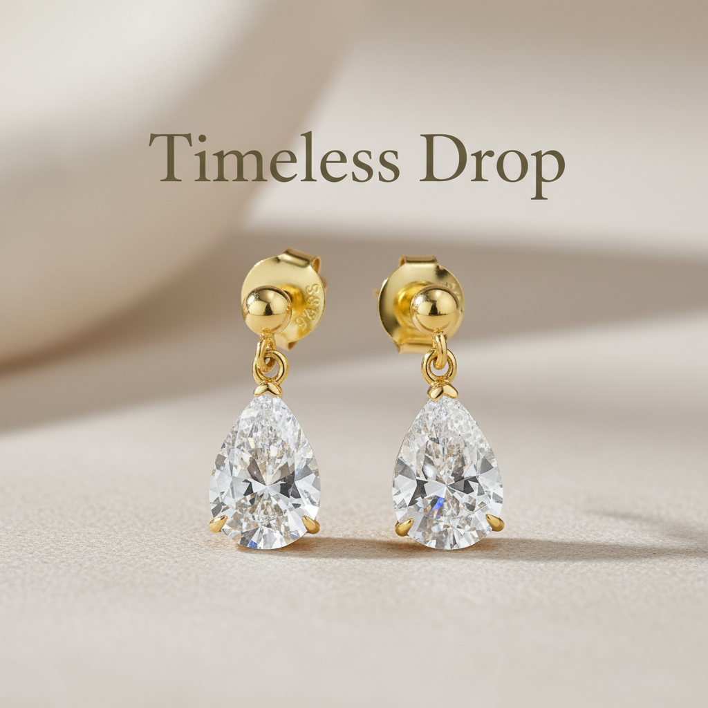 Pear-shaped diamond earrings with "Timeless Drop" text overlay