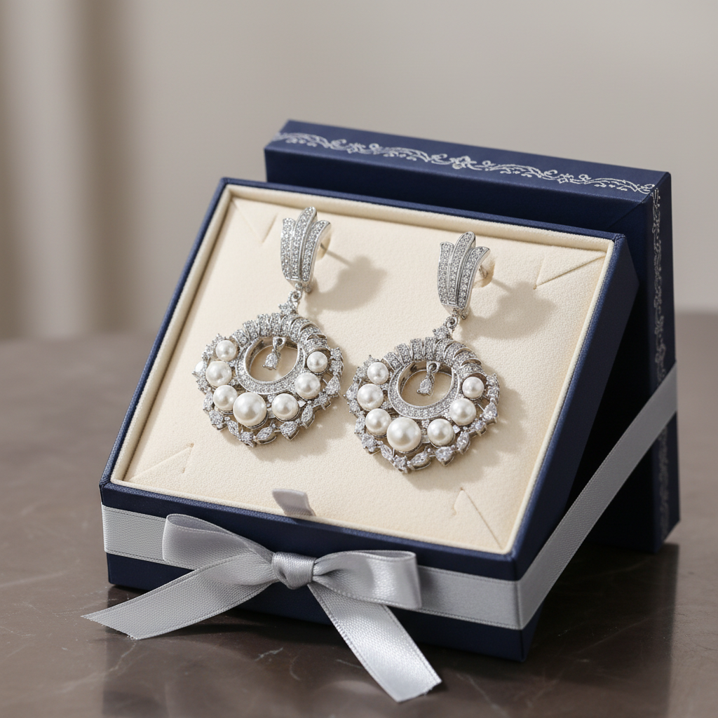 Pearl and diamond chandelier earrings in luxury gift box - gift-ready presentation