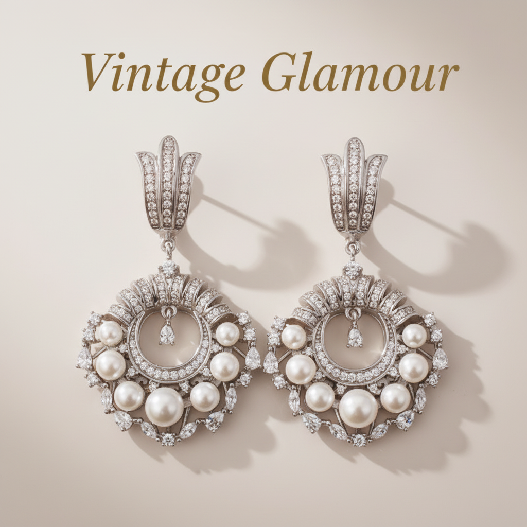 Pearl and diamond chandelier earrings with "Vintage Glamour" text overlay