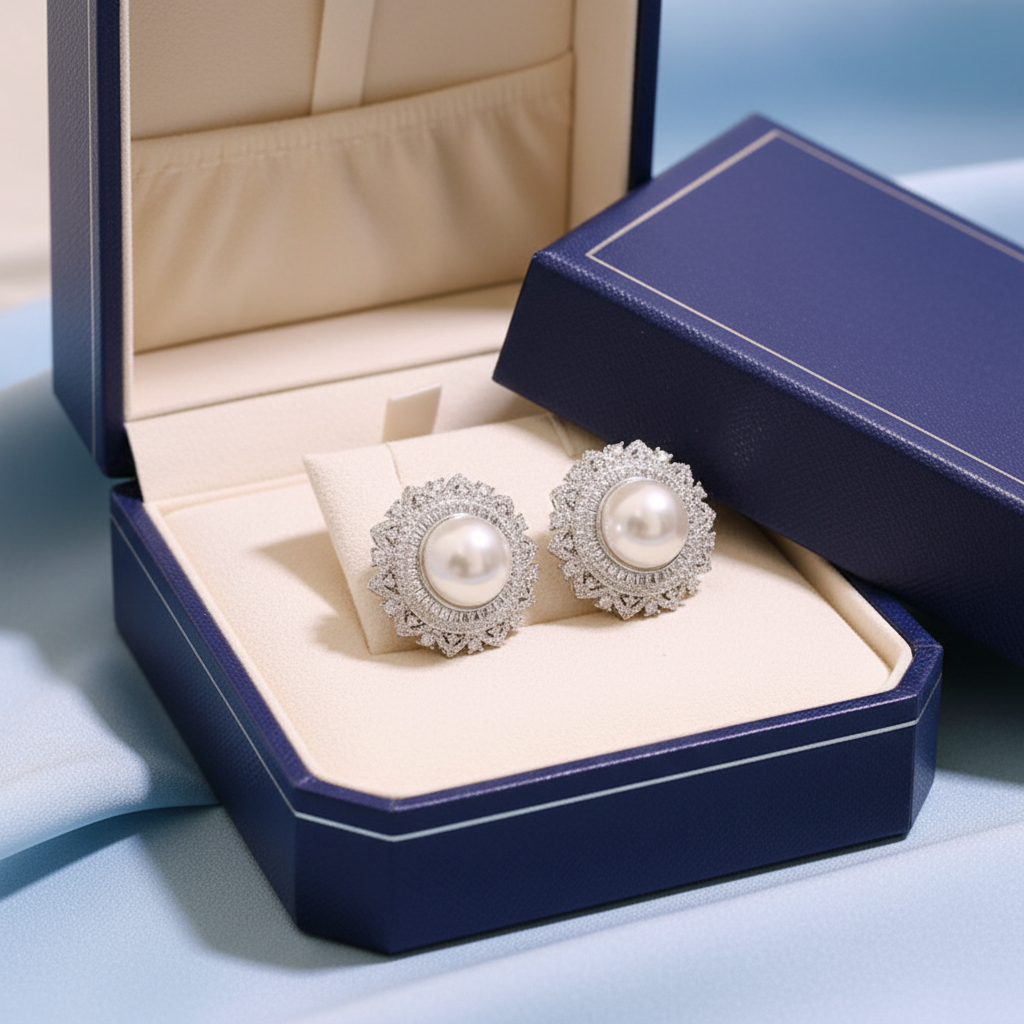 Pearl and diamond halo earrings in luxury gift box - gift-ready presentation