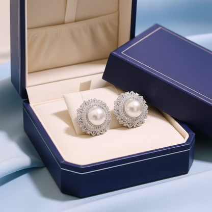 Pearl and diamond halo earrings in luxury gift box - gift-ready presentation