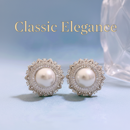 Pearl earrings with "Classic Elegance" text overlay
