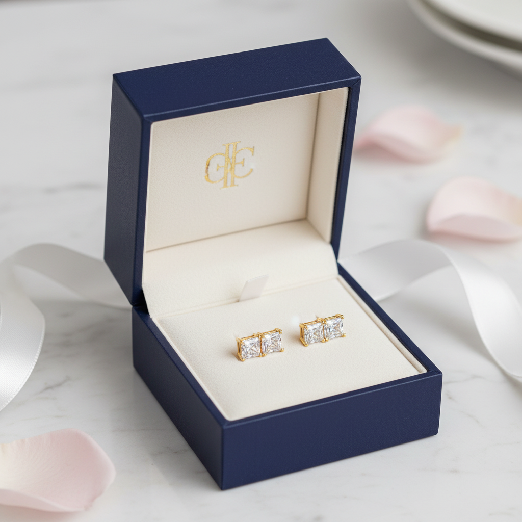 Princess-cut earrings in luxury gift box - gift-ready presentation