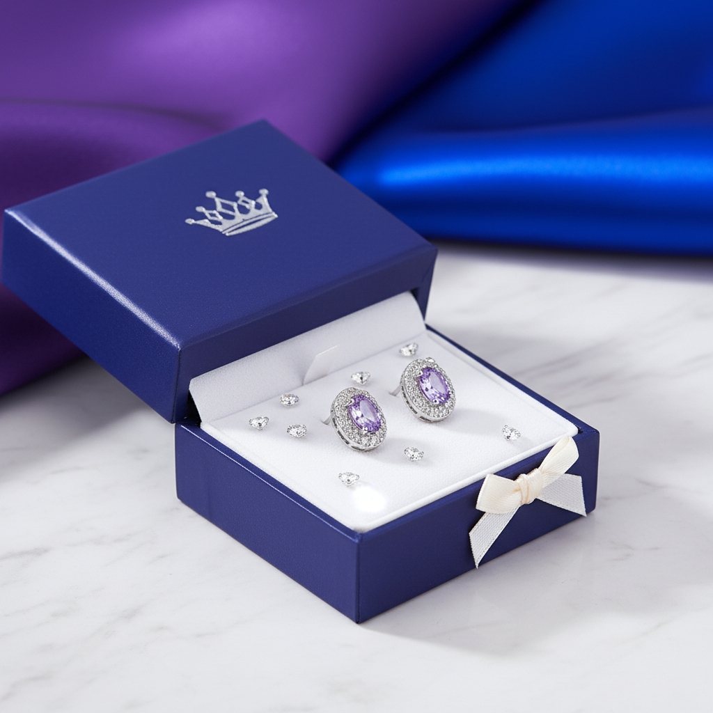Purple amethyst diamond halo earrings in luxury gift box - gift-ready presentation