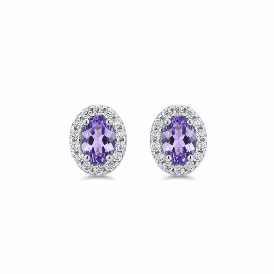 Purple amethyst diamond halo stud earrings on white background