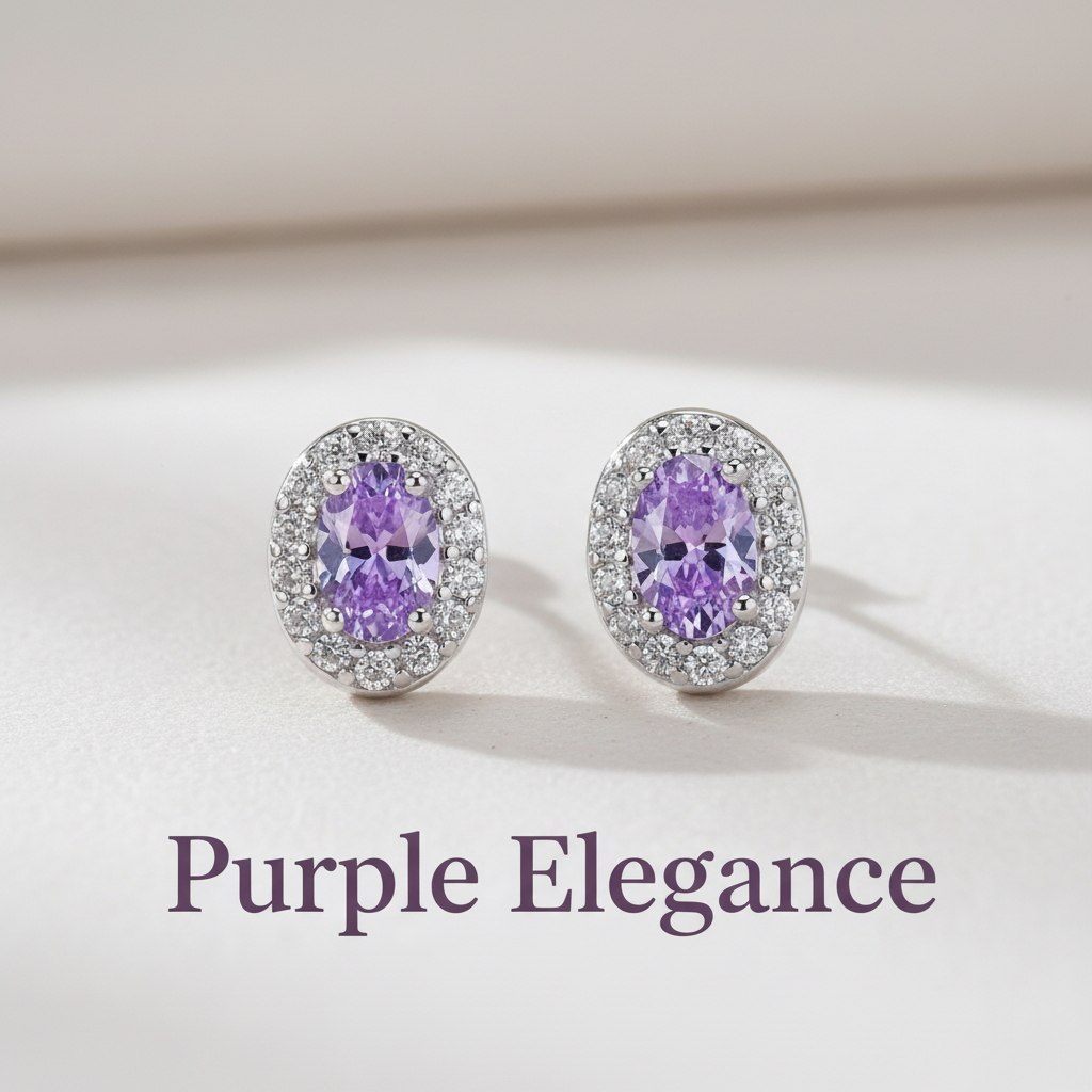Purple amethyst earrings with "Purple Elegance" text overlay