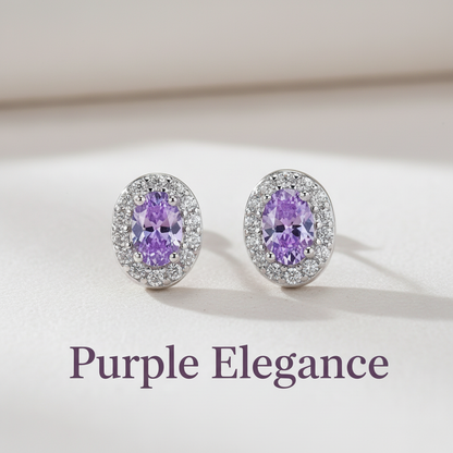 Purple amethyst earrings with "Purple Elegance" text overlay