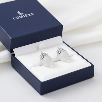 Semi-transparent white gemstone and diamond crown earrings in luxury gift box - gift-ready presentation