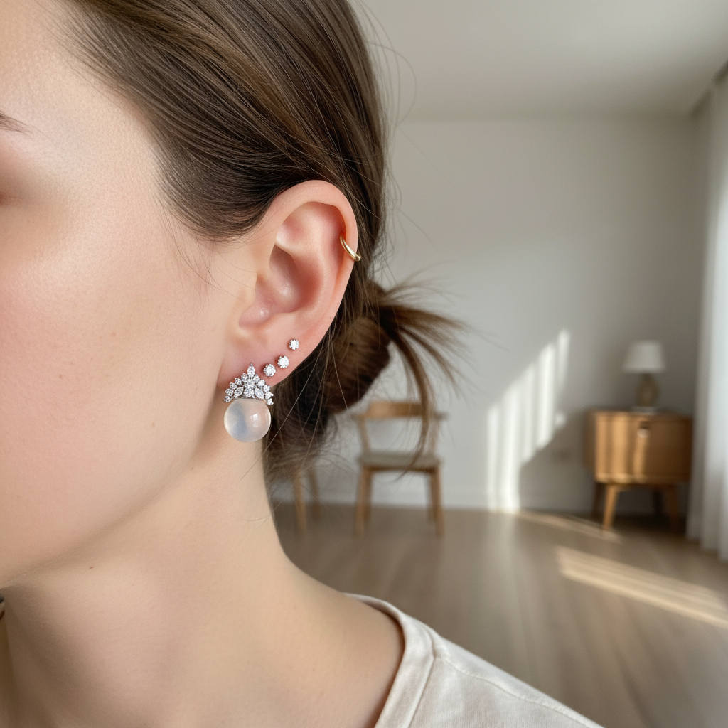 Semi-transparent white gemstone crown earrings styled with other earrings