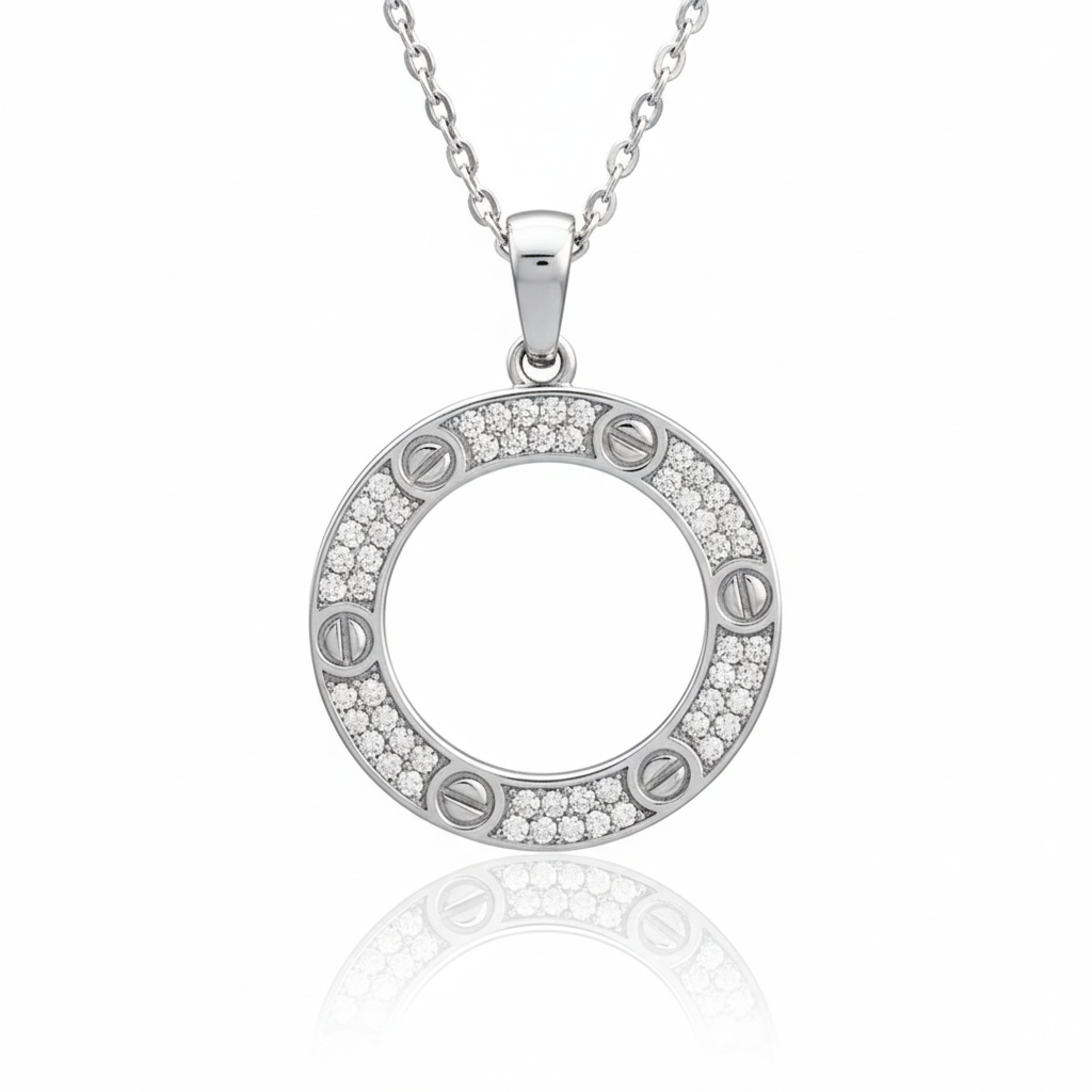 Silver Circle Pendant Necklace - White Background