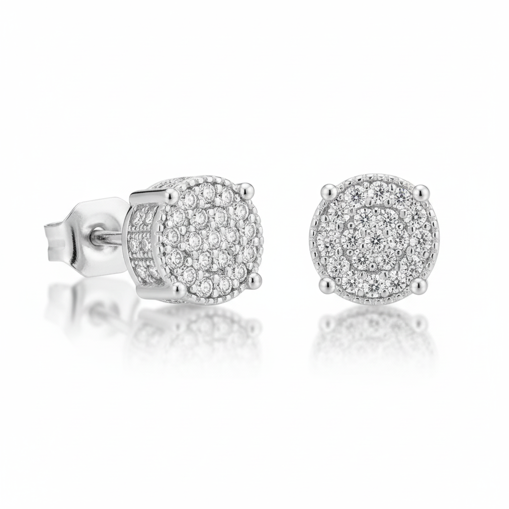Silver diamond cluster stud earrings on white background