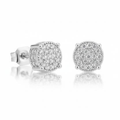 Silver diamond cluster stud earrings on white background