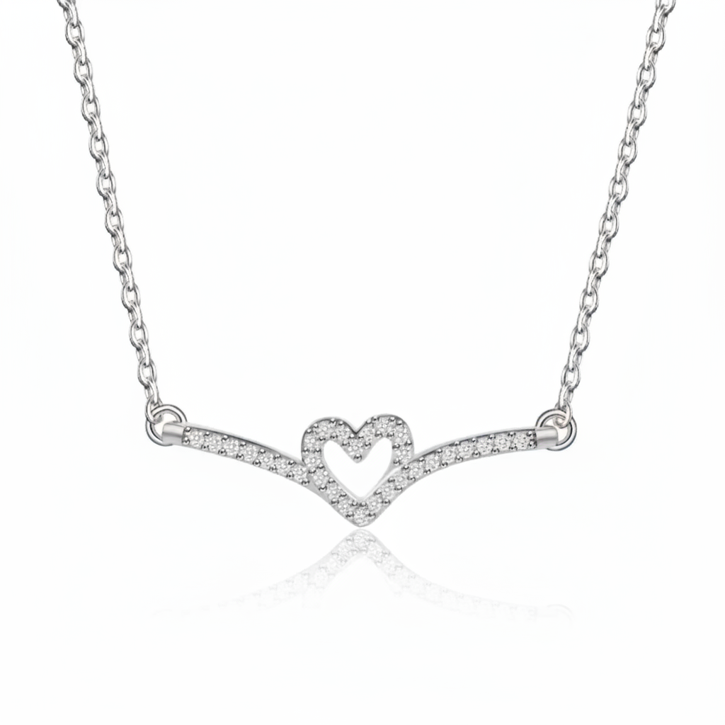 Silver Heart Wings Necklace - White Background